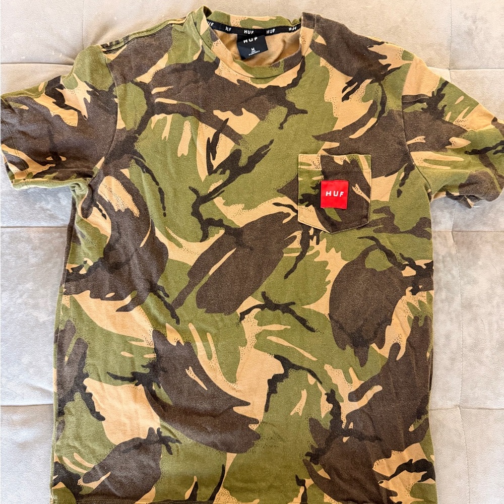 HUF Men's Green and Brown Camo Tee